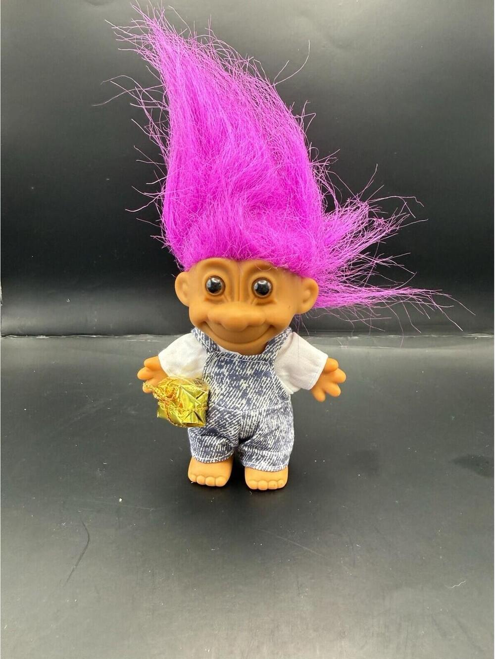 Vintage 1990s Russ Troll Doll Pink Hair Overalls And Holding Birthday Present 4"